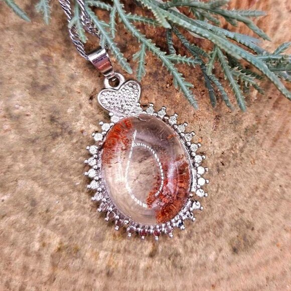 Nature Red Phantom Garden Oval Quartz Big Pendant Necklace - Picture 2 of 9